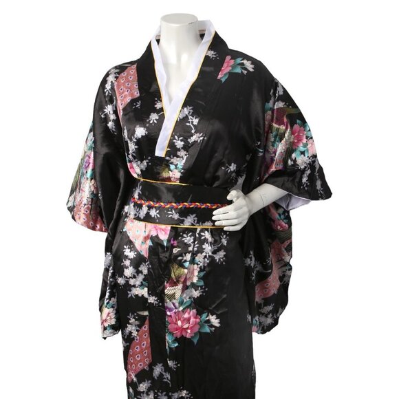 Satin Kimono Floral Japanese Style Dress Flower Peacock Belt Black Pink Blue NEW - Picture 5 of 14